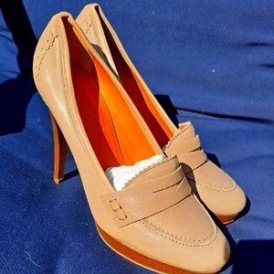 J. Crew Tan High Heel Loafers with Bow Detail